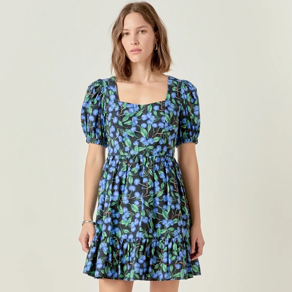 ENGLISH FACTORY Blueberry Puff Sleeve Mini Dress Cotton